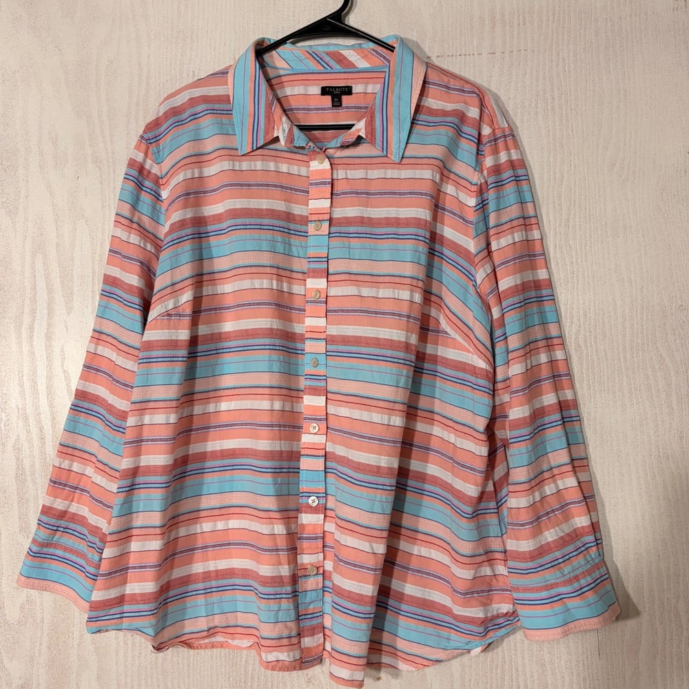 Talbots Button Down Shirt Womens 3X Coral Blue Striped Long Sleeve